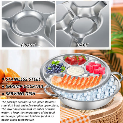 2 Set Shrimp Cocktail Serving Dish 11 Inch Stainless Steel Dip Chiller Serving Bowl, 2 5-Section Chilled Food Trays 2 Round Plate with Handle for Dinner Buffet Seafood Oysters Crawfish Veggie Fruit