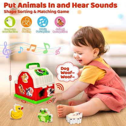 Montessori Toys for 1 2 3 Year Old Boys Girls, Musical Barn Farm Animal set for Toddler, Shape Sorting Educational Toy for Baby 12-18 Month, Learning Fine Motor Skills, Christmas Birthday Easter Gifts