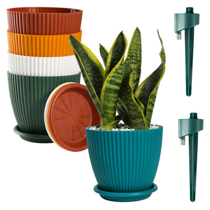 YENXIKU 6 Inch Plant Pots with Self Watering Planter Insert - Flower Pots for Indoor Plants with Drainage Holes and Saucers - Gardening Pots, Planters & Accessories for Orchid and Succulent, 5 Packs