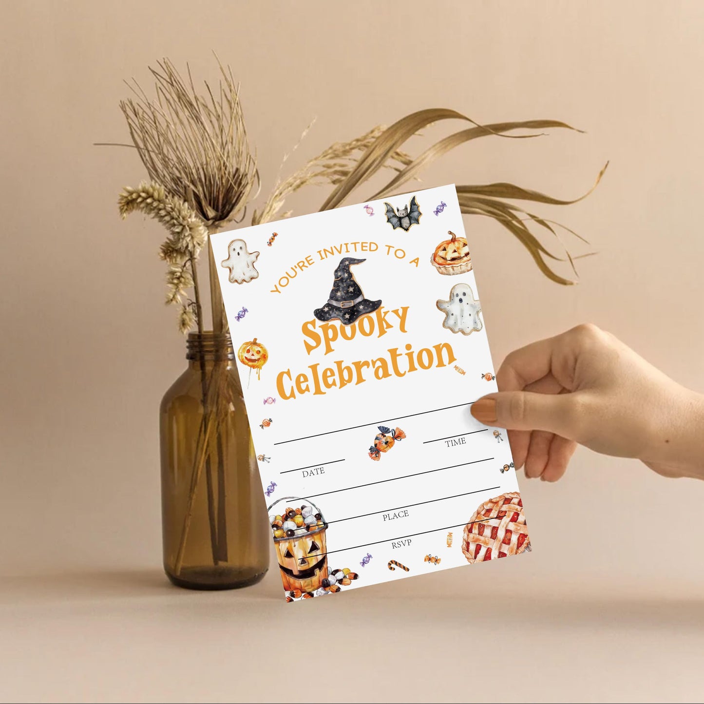 SIXEIGHT Cute Halloween Party Invitations, Funny Ghost Pumpkin Halloween Invitations for Boys Girls, 25 Pack Cute Invite Cards with Envelopes, Wedding Birthday Baby Shower Party Decorations-E10