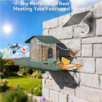 Dual-Lens Bird Feeder with Camera & Bird Bath Combo, Watch Birds Eat & Bathe with WiFi 2K HD Video, Auto Record, AI Recognition, APP Alerts, Solar Powered, for Backyard Garden Porch Fence Decor