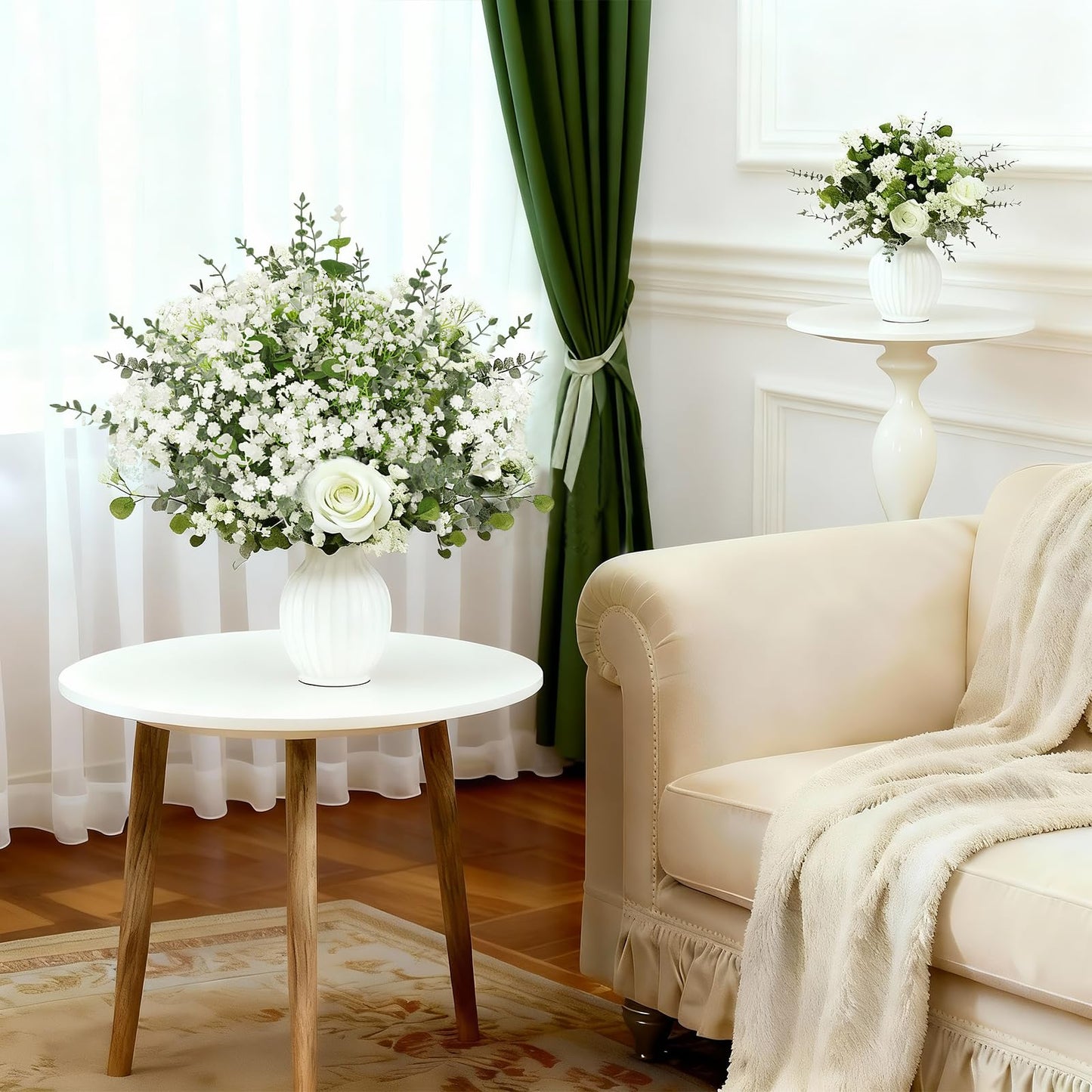 Suaycy 110pcs Mixed Faux Greenery: Real Touch Babys Breath Artificial Flowers Bulk, Eucalyptus Stems & Frosted Silver Dollar for Rustic Wedding Decor, Boho Farmhouse Table Centerpieces