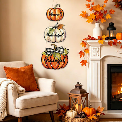 AnyDesign Fall Wooden Hanging Door Sign Thanksgiving Party Decoration Rustic Pumpkin Wood Plaque Ornament Pre-Assembled with DIY Bow Leaves for Autumn Front Door Wreath Porch