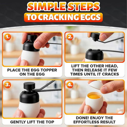 Egg Cracker Tool for Raw Eggs — Egg Shell Opener for Soft-Boiled Shell Tops, Stainless Steel Topper with Ergonomic Adjustable Effort — Clean Cut Design for Breakfast Prep, Custards, & Baking (Black)