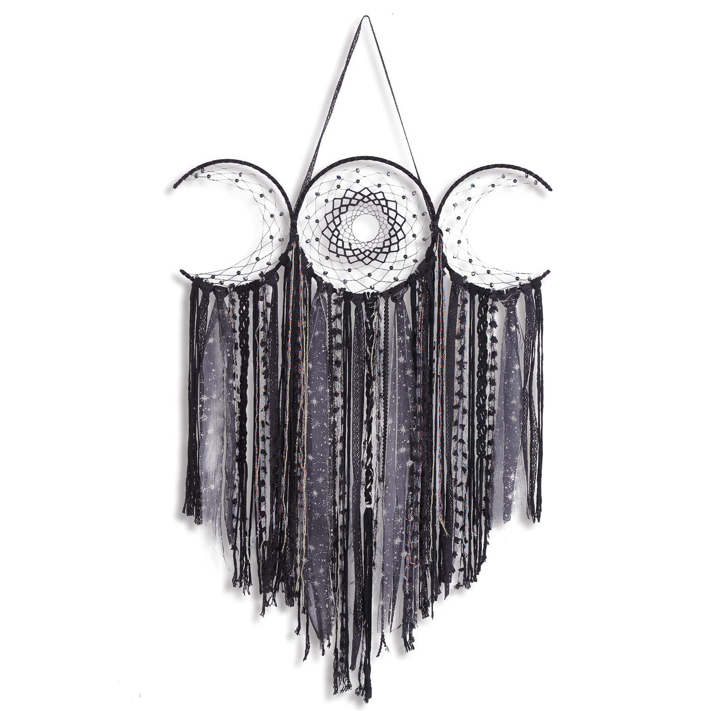ANROYE Black Triple Moon Goddess Macrame Wall Hanging, Wicca Crescent Dream Catcher for Witch Home, Dreamcatcher for Bedroom Decoration, Pagan Woven Tapestry for Wiccan Adults Decor