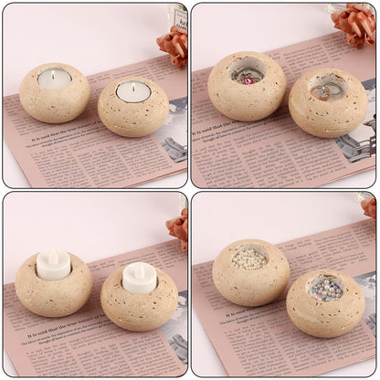 OwnMy 2PCS Travertine Candle Holders Decorative Stone Tealight Candle Holders Set, Elegant Travertine Votive Candle Stands for Dining Table Centerpieces Wedding Home Decors, 4" Dia x 2.2" H
