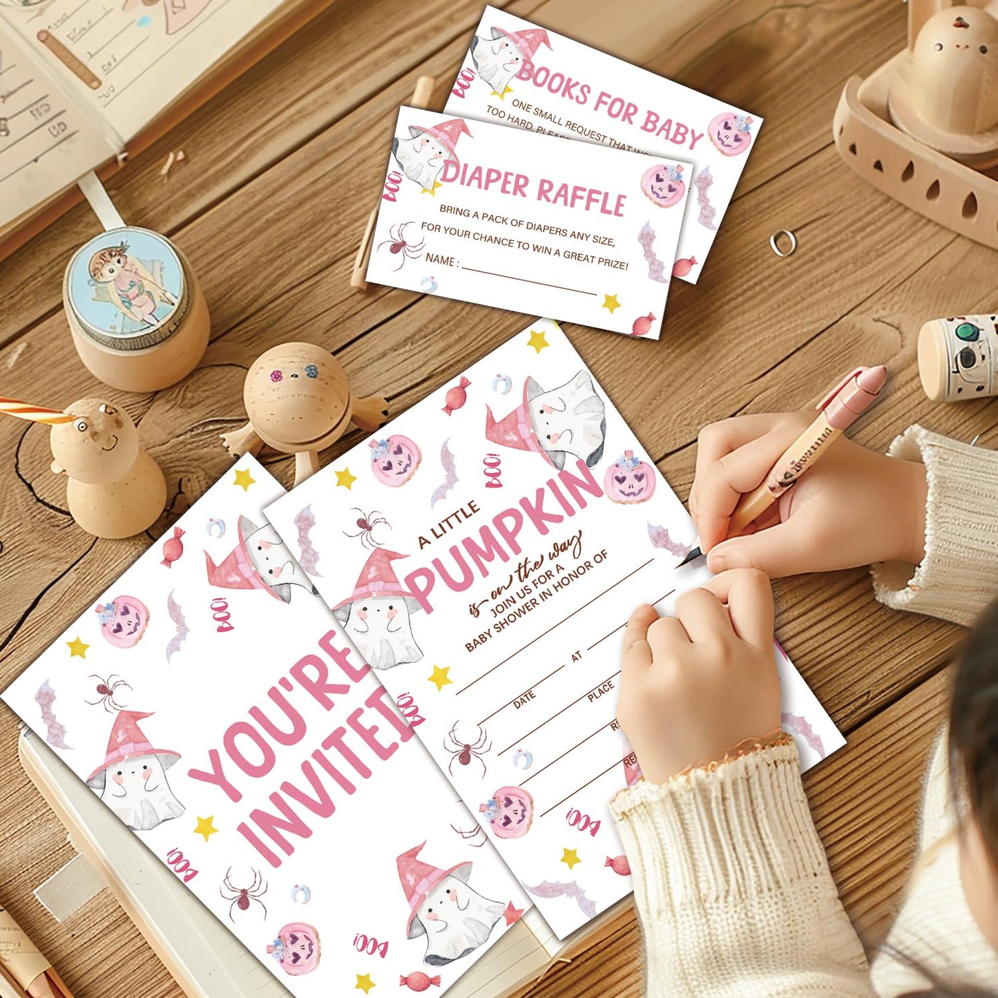 HQLOW Pink A Little Pumkin Halloween Boo! 25 Baby Shower Invitations with Envelopes Diaper Raffle Cards Book Cards for Baby Announcement, Gender Reveal, Party Invitations-09