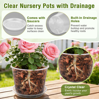 FUOAUYK 12/10/8/6/4 Inch Clear Nursery Pots with Drainage and Saucers, 20 Pack Large Clear Plastic Nursery Pots for Plants, Seedling Plant Pots for Repotting and Growing Plants, Flowers & Vegetables