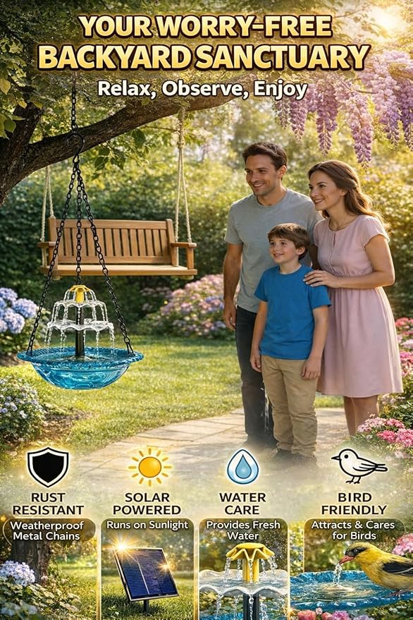 Solar Cascade Hanging Bird Bath Fountain, 2026 New Outdoor Hanging Bird Bath with Solar Fountain, Large Humming Birds Baths Fountains, with Solars Pump & Glass Bowl, for Outdoor, Gardens (#8)