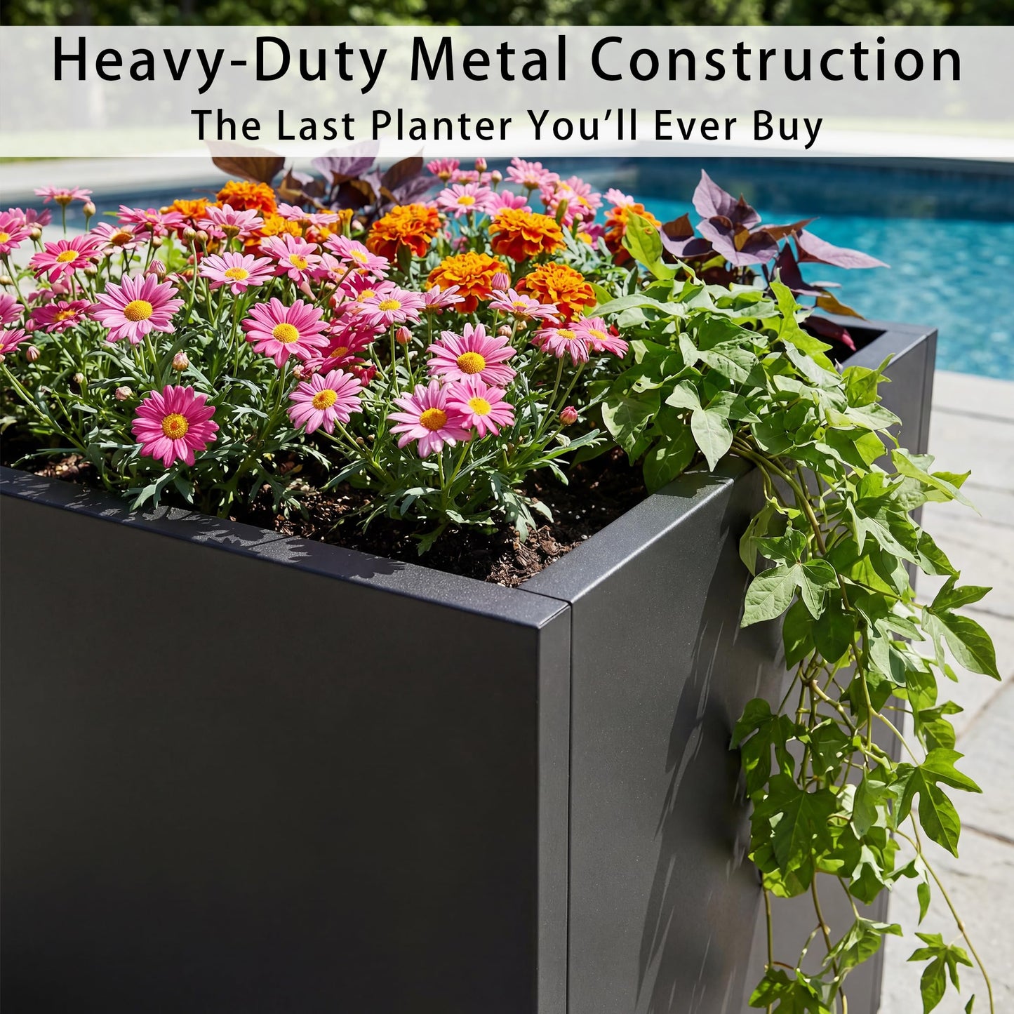 Casaphoriar Metal Planter Box 17"x17"x18", Rectangular Planter and Drainage Holes, Perfect for Outdoor Patio and Balcony Decor, Black