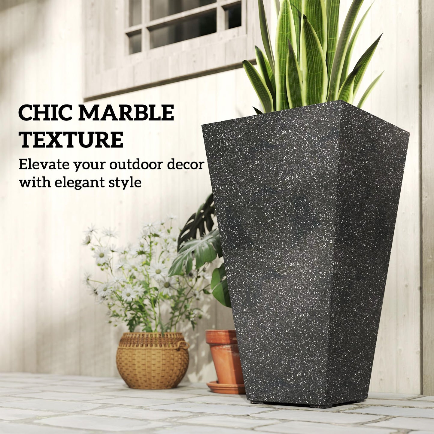 Outsunny 28 Inch Tall Planters for Outdoor Plants, Set of 3 Plastic Flower Pots with Marble Finish and Drainage Holes, Stackable Tapered Large Planters for Indoor Plants, Front Porch Decor, Black