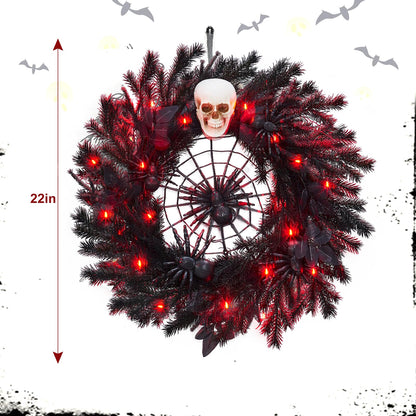 22" Halloween Wreath with Lights, Black Twig Wreath with Scary Skull and Spider, Artificial Halloween Party Decorations for Front Door Indoor Outdoor Wall Window Porch
