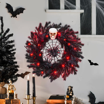 22" Halloween Wreath with Lights, Black Twig Wreath with Scary Skull and Spider, Artificial Halloween Party Decorations for Front Door Indoor Outdoor Wall Window Porch