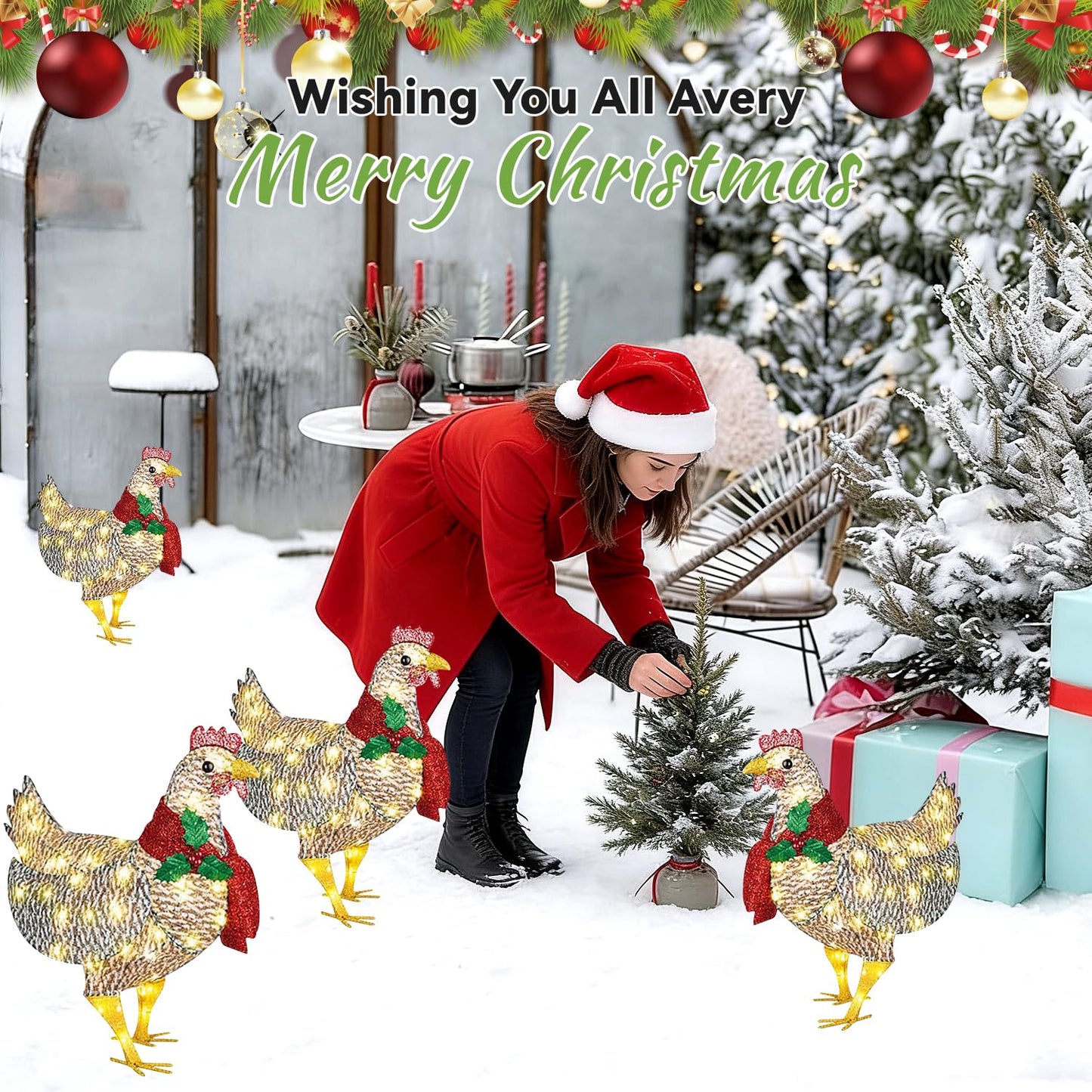 Light Up Chicken Outdoor Christmas Decor, Lights LED Yard Signs with Stakes Chicken Ornaments, Light Up Chicken with Scarf for Xmas Gifts Courtyard Lawn Garden Christmas Feeling Decoration