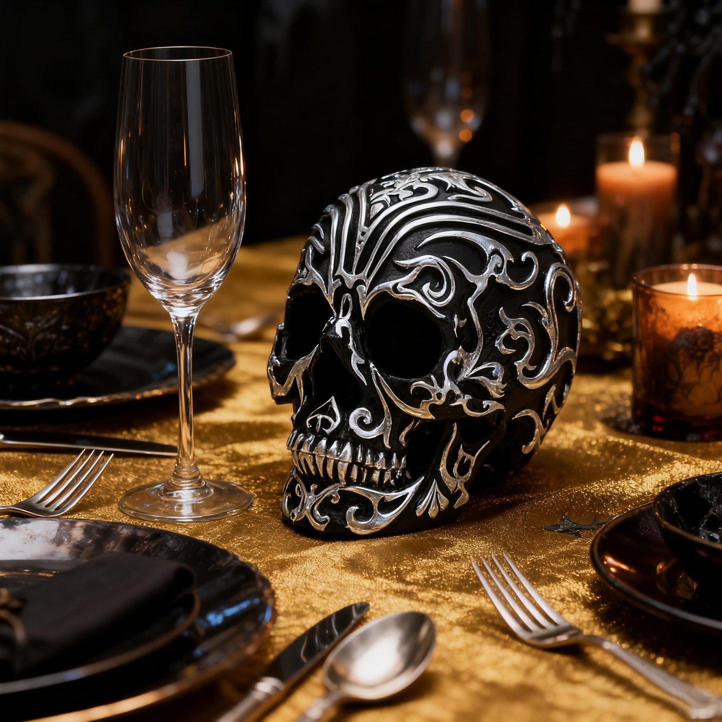 Kreovaor Gothic Skull Head Home Decor - 5.2 Inch Gothic Skeleton Skull Decor with Silver Patterns, Halloween Skull Decoration for Home, Office Desk, and Spooky Party Decor