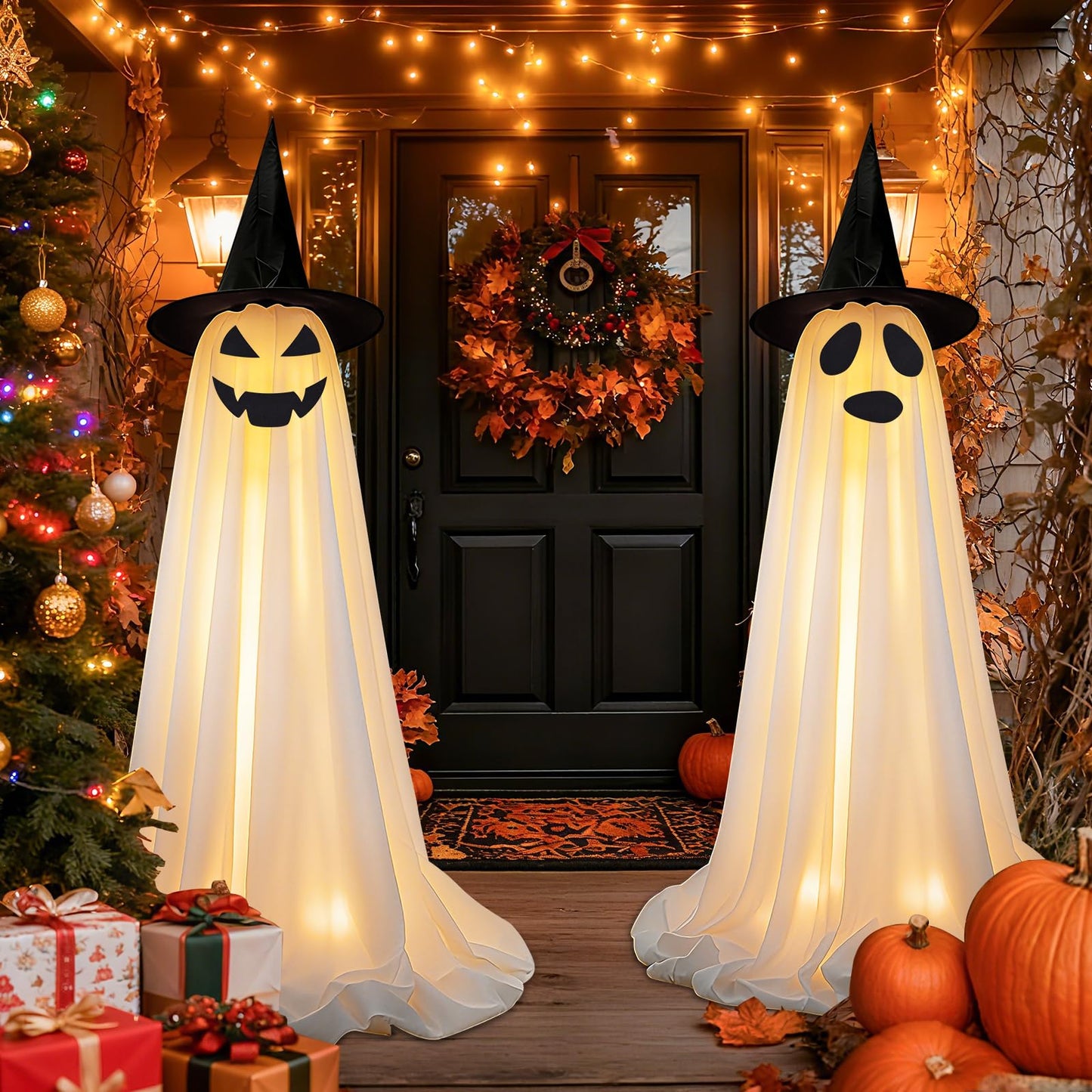 Bensbl 2Pcs Outdoor Ghost Decorations Light Up Standing Ghosts with String Lights 3 Expressions and 2 Witch Hats for Front Porch Yard Lawn Haunted House Decor