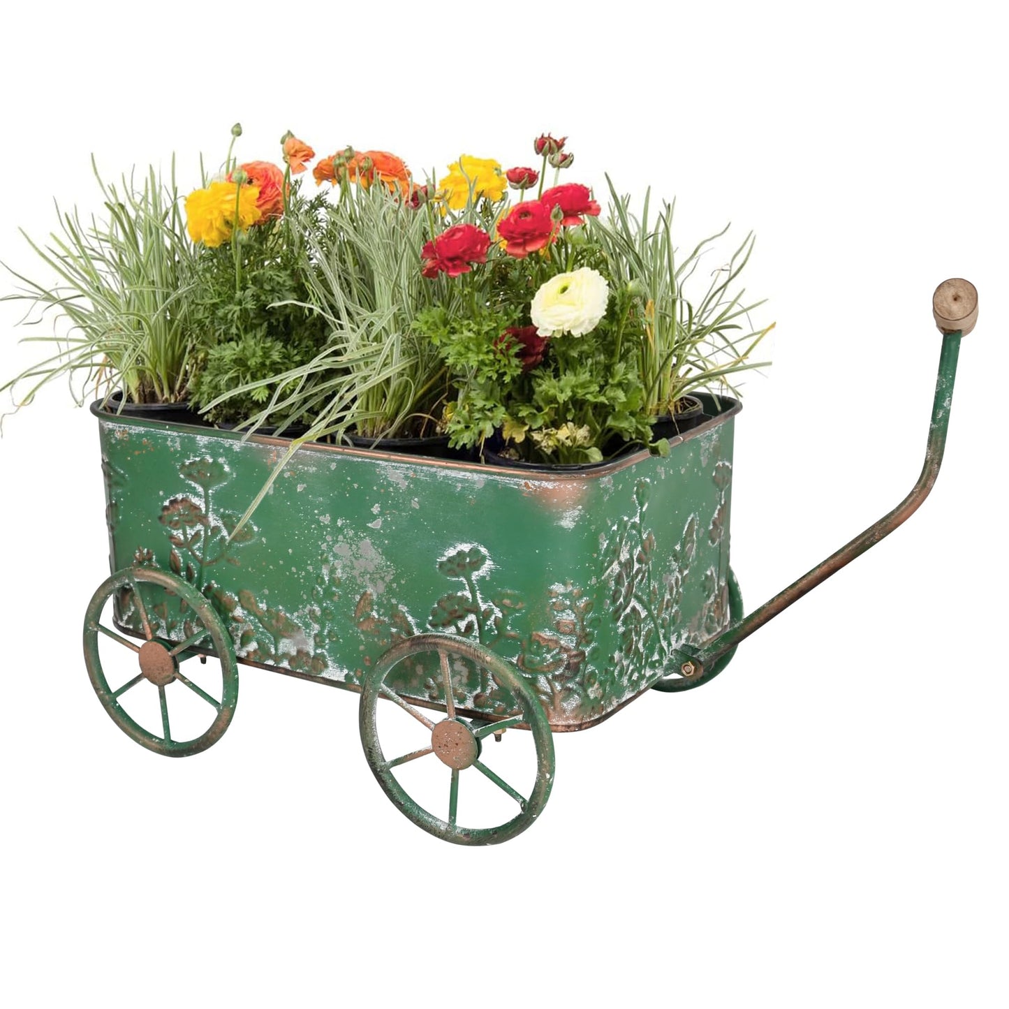 Zokyntrix Flower Cart with Wooden Handles, Metal Wagon Planters for Outdoor Plants, Garden Planter with Wagon Wheels, Decorative Wheelbarrow, Plant Cart for Patio Garden Balcony (Green)