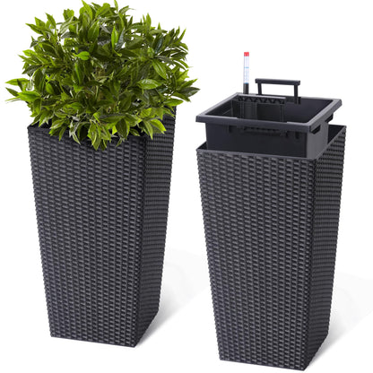 GarveeLife 22.5 in Tall Planter Set of 2 Large Rattan Flower Pot with 2 Trays & a Water Level Monitor & Wheels Outdoor and Indoor for Patio, Porch, Living Room, or Home Office, Black