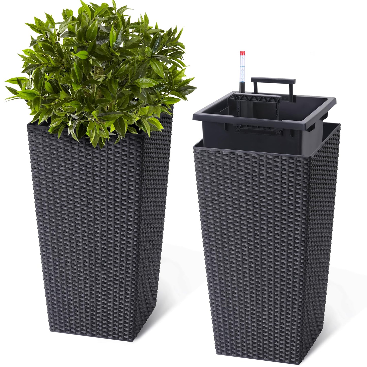 CheerAmenit 22.5 Inch Tall Planter Set of 2 Large Rattan Flower Pot with 2 Trays & a Water Level Monitor & Wheels Outdoor and Indoor for Patio, Porch, Living Room, or Home Office