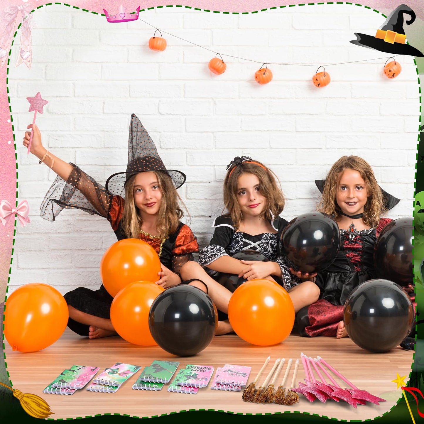 libfrnt 40 Pcs Princess and Witch Party Favors Include 10 Witch Broom Pencils 10 Pink Star Ballpoints 20 Mini Notebooks for Wizard Birthday Witch Halloween Party Supplies