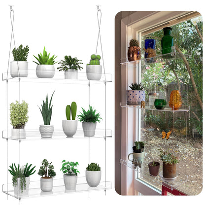 ZerzSemp 3-Tier Hanging Clear Plant Shelves for Windows, Acrylic Window Wall Plant Stand Shelf for Kitchen Indoor Gardens, Flower, Herb, Seedling Organization, and Pots Display, 16 Inch per Tier