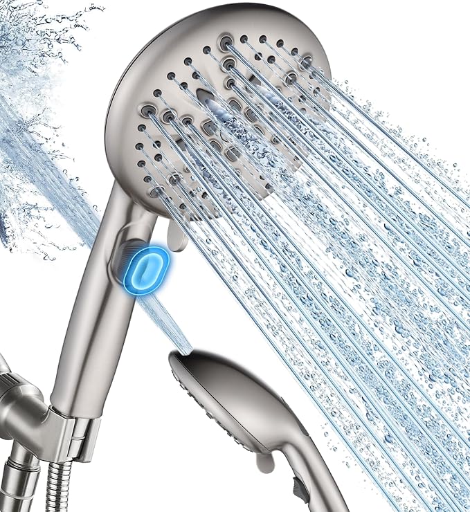 Cobbe 9-Function Shower Head with Built-in Power Spray, 1.8 GPM Water Saving ON/OFF Toggle Switch, High Pressure Handheld Showerhead with 1-Click Pause Button, Brass Bracket & 6ft Hose, Brushed Nickel