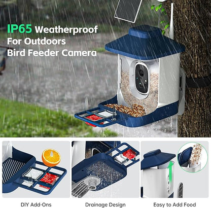 Bird Feeder with Camera, AI Bird Identification, Full HD Live Video, Solar Powered, 2.4Ghz WiFi, Instant Arrival Alerts - Best Gifts for Bi rd Lover