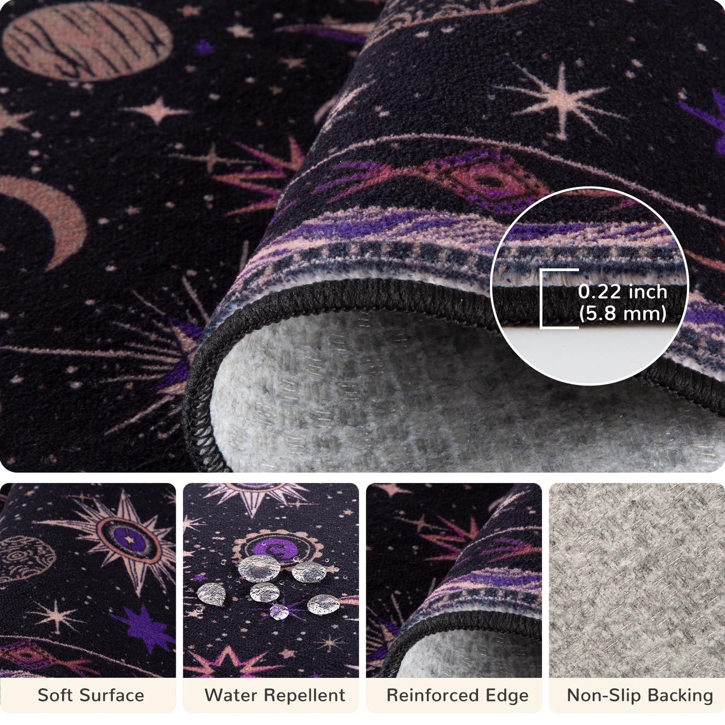 meejou 3x5 Area Rugs, Washable Vacuum-Friendly Non-Slip Rug Vintage Boho Gothic Sun and Moon Printed Pattern Low Pile Carpet for Living Room Bedroom Dining Room Hallway Entryway,Black Purple Beige