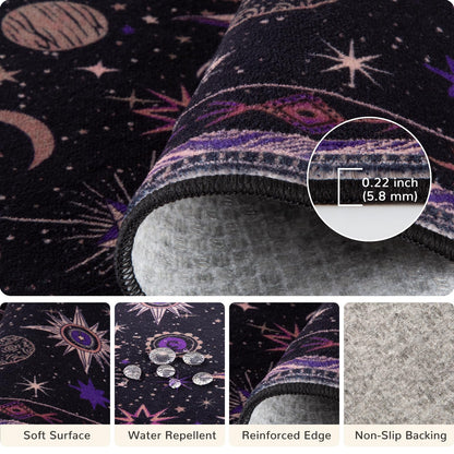 meejou 3x5 Area Rugs, Washable Vacuum-Friendly Non-Slip Rug Vintage Boho Gothic Sun and Moon Printed Pattern Low Pile Carpet for Living Room Bedroom Dining Room Hallway Entryway,Black Purple Beige