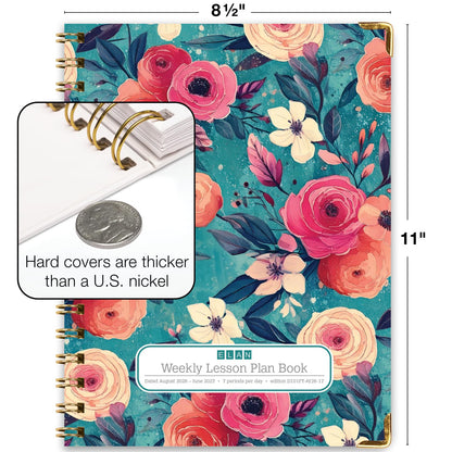 Elan Publishing Company HARDCOVER 7 Period Dated Teacher Lesson Plan; Days Horizontally Across The Top Dated for 2026-2027 Academic Year with Bonus Clip-in Bookmark (Teal Floral)