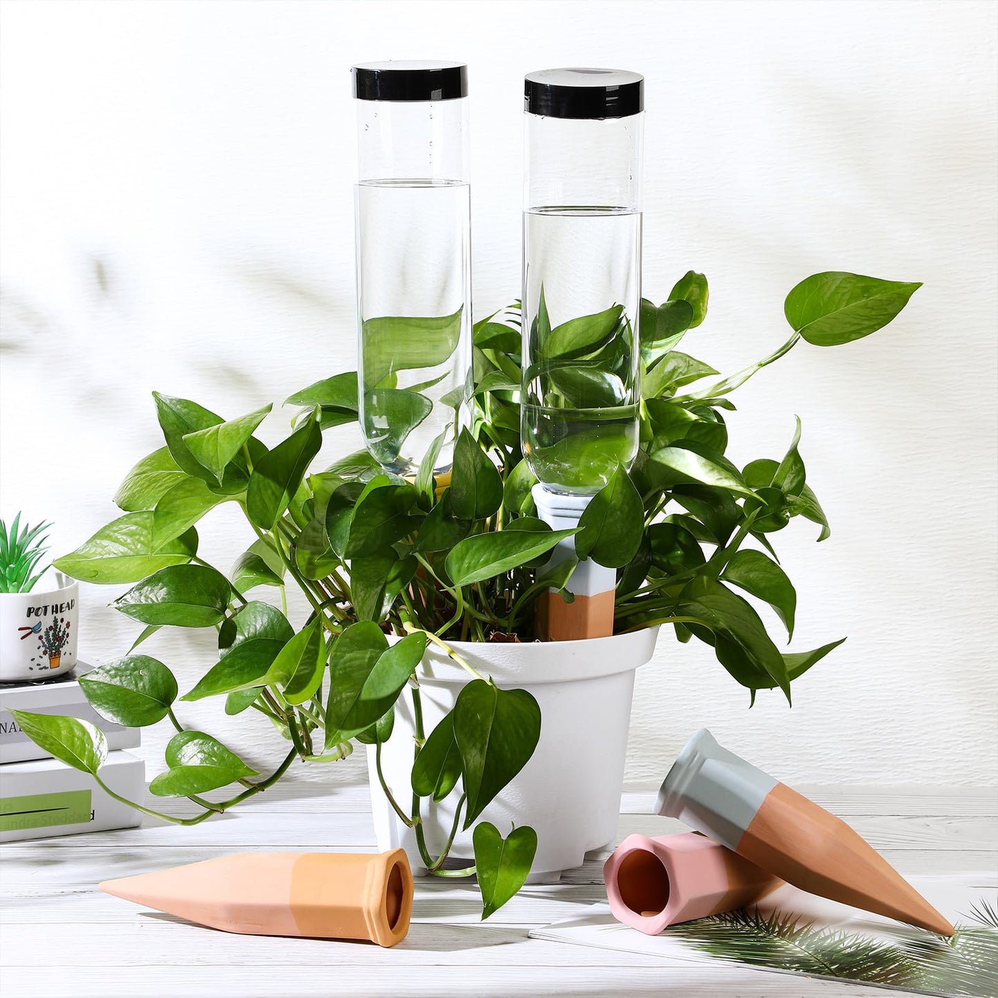 DoubleFill 8 Pcs Terracotta Plant Watering Spikes Self Watering Planter Insert Automatic Plants Waterer Devices 8 Colors Slow Release Stakes for Indoor Outdoor Vacation