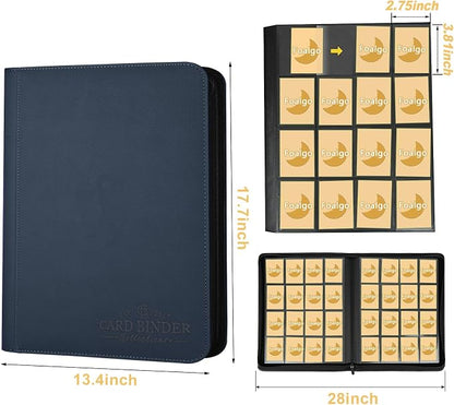 Trading Card Binder 16 Pocket, Foalgo PU Cover Card Binder for 1000+ Cards, Premium Trading Card Holder Folders, Double Sided Pocket Card Album for MTG, TCG (Blue)