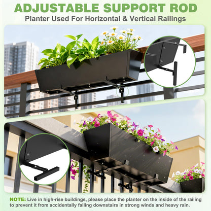 Railing Planter for Outdoor Plants 36'' Metal Hanging Flower Pot with Adjustable Brackets & Drainage Railing Planter Box Countryside Flower Plant Holder for Garden Yard Patio Balcony Deck Decor