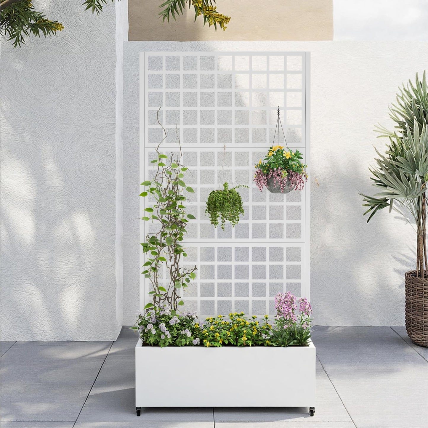 Metal Planter Box with Trellis,72"x35"x15",Galvanized Raised Garden Bed Trellis Outdoor Planter with Privacy Screen & Wheels and Drainage Holes,for Patio Climbing Vegetables,Flowers,Vines,White