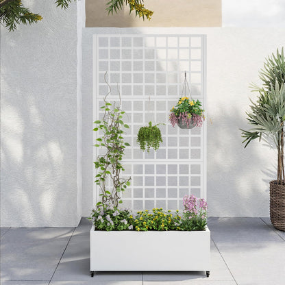 Metal Planter Box with Trellis,72"x35"x15",Galvanized Raised Garden Bed Trellis Outdoor Planter with Privacy Screen & Wheels and Drainage Holes,for Patio Climbing Vegetables,Flowers,Vines,White
