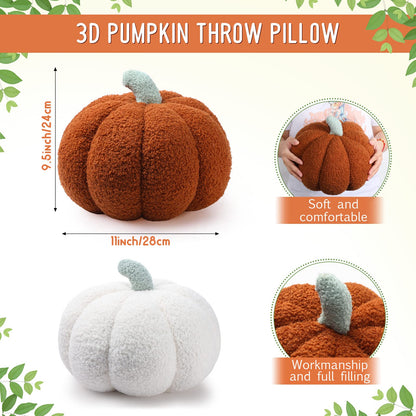 Kajaia 2 Pcs Simulated Pumpkin Plush Pillow 11 x 9.5 Inch 3D Cushion Fall Decorations Stuffed Throw Pillows Toy for Fall Halloween Thanksgiving Bedroom Sofa Couch Supplies (White,Brown)
