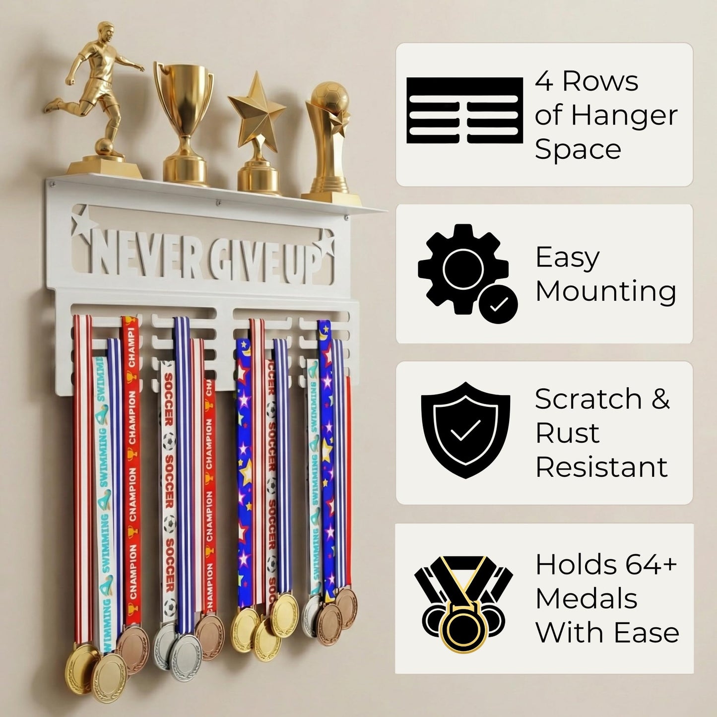 AGATHOS HOME White Medal Hanger Display with Shelf - Award Rack Trophy Shelf for Walls Holds 64+ Sports Medals - Never Give Up Wall Medal Holder for Gymnastics, Soccer, Marathon, Swimming, Soccer