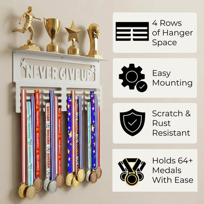 AGATHOS HOME White Medal Hanger Display with Shelf - Award Rack Trophy Shelf for Walls Holds 64+ Sports Medals - Never Give Up Wall Medal Holder for Gymnastics, Soccer, Marathon, Swimming, Soccer