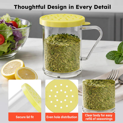 GATBO 4-Pack Plastic Dredge Shaker Set, 10 oz Clear Flour & Sugar Dispensers with Handles, Commercial Seasoning Shakers for Powder, Spices & Herbs, 4 Bodies & 4 Lids with Different Hole Sizes
