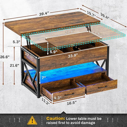 Itaar 40" Lift Top Coffee Table, 4 in 1 Coffee Tables with Storage for Living Room, Small Farmhouse Coffee Table with 2 Drawers & LED Light for Dining Reception Room, Rustic Brown