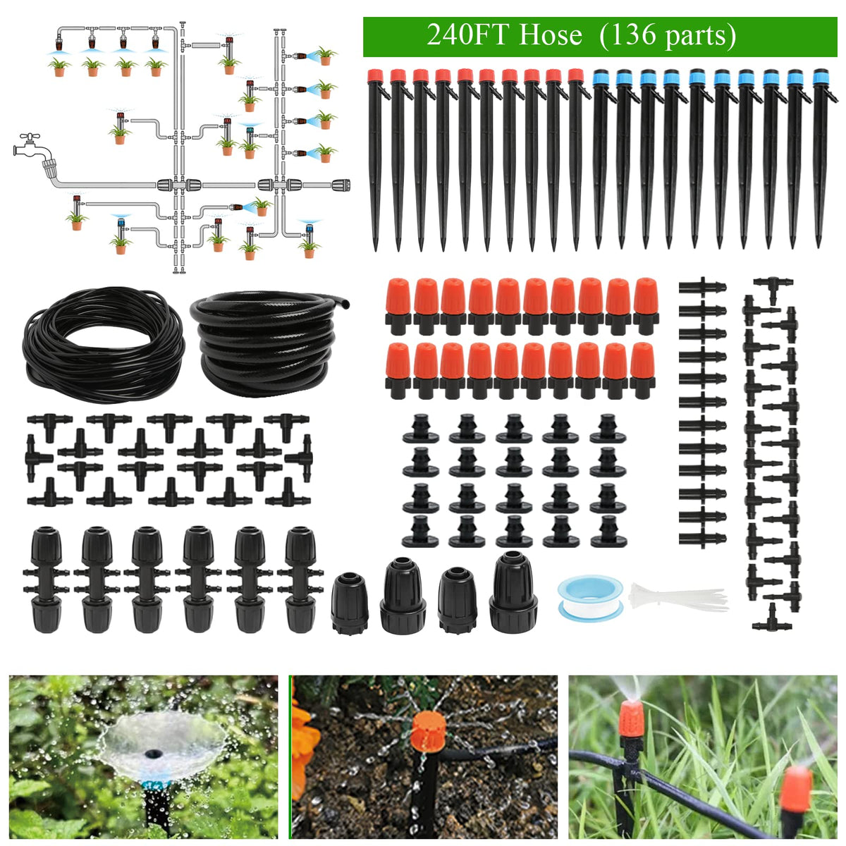 Maotong 240FT Drip Irrigation System Kit, Automatic Garden Watering Misting System for Greenhouse, Yard, Lawn, Plant with 1/2 inch Hose 1/4 inch Distribution Tubing and Accessories