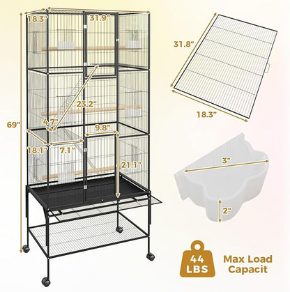 69 Inch Tall Parrot Cages for Large Birds, Three-Level Rolling Parakeet Cage with Storage Shelf Perches Feed Bowls, Bird Flight Cage, Large Bird Cages for Parrots Macaws Conures Cockatiels Parakeets