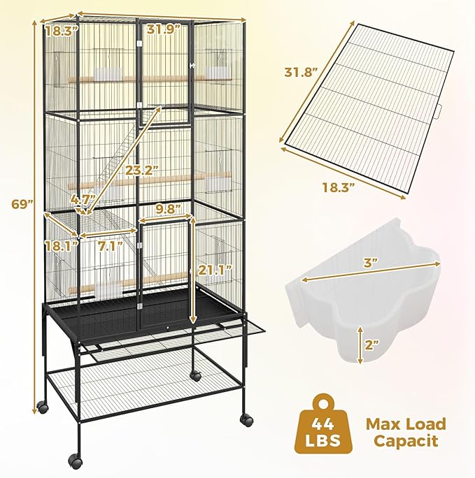 69-Inch Large Bird Cages with Stand, 3-Tier Tall Bird Cage with Ramps, Storage Shelf and Feed Bowls – Rolling Parrot Cage for Parakeets, Cockatiels, Conures, Budgies & Finches