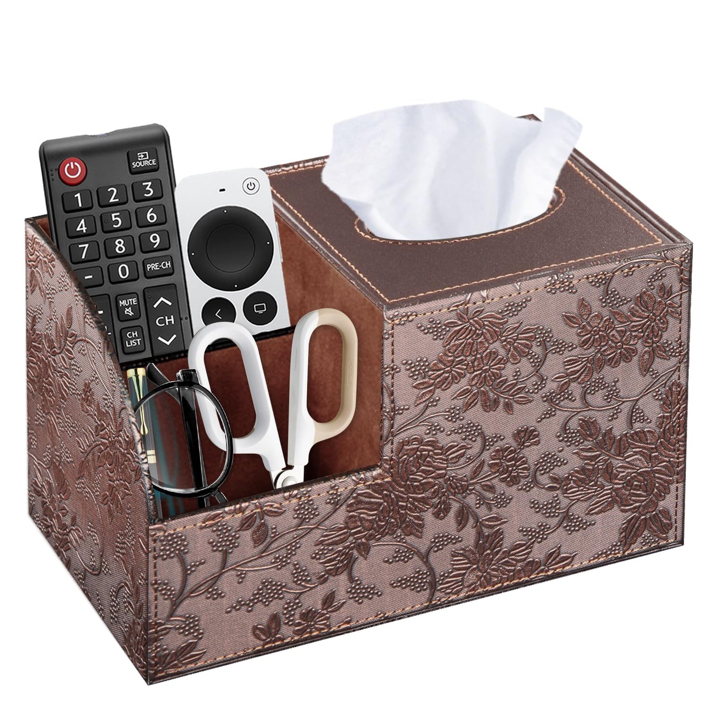 Fanousy Square Tissue Box Cover with Storage, PU Leather Cube Tissue Box Holder, Remote Control Nightstand Organizer, Modern Desk Caddy for End Table, Bathroom, Bedroom, Home, Office Decor