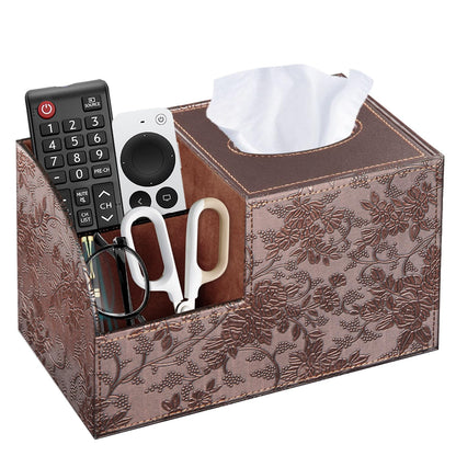 Fanousy Square Tissue Box Cover with Storage, PU Leather Cube Tissue Box Holder, Remote Control Nightstand Organizer, Modern Desk Caddy for End Table, Bathroom, Bedroom, Home, Office Decor