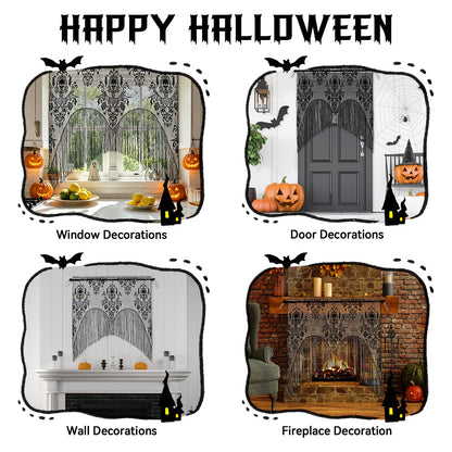 ZeeDix 2 Pcs Halloween Lace Skull Window Curtain- Black Tassel Door Curtain for Halloween Home Party Decorations, Party Supplies