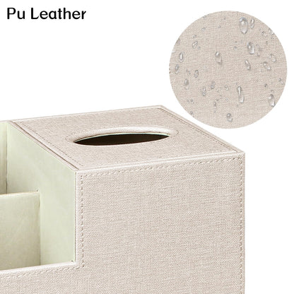 Fanousy Square Tissue Box Cover with Storage, PU Leather Cube Tissue Box Holder, Remote Control Nightstand Organizer, Modern Desk Caddy for End Table, Bathroom, Bedroom, Home, Office Decor