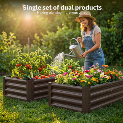 ActiveTrail 2 Pack Galvanized Raised Garden Bed Kit, Large Rectangular Metal Oval Raised Garden Beds, Outdoor Deep Root Box Planter for Gardening, Vegetables, Flowers, Herbs (4x2x1FT, Brown)