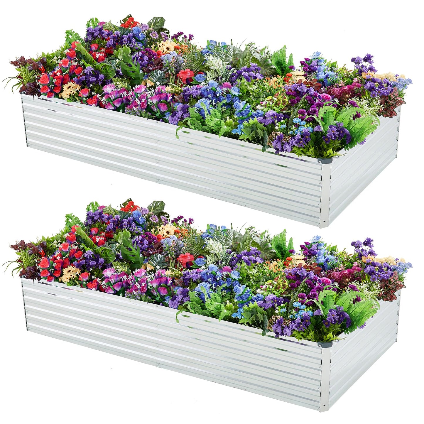 Meberam 2 Pack 6x3x1FT Galvanized Raised Garden Bed Kit, Outdoor Metal Planter Box for Vegetables, Bottomless Rectangular Gardening Bed with Support Rods, Tool-Free Assembly, Silver