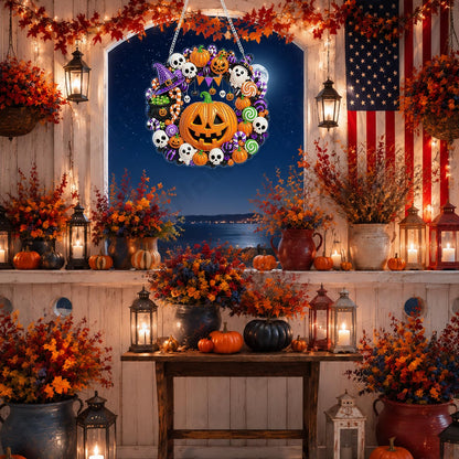 Eiflow Halloween Diamond Art Hanging Kit for Adults, DIY Acrylic Diamonds Craft Painting Hanging Ornament Board Kit, Special Crystal Diamond Art Painting Window Door Hanging Pendant (Pumpkin Wreath)